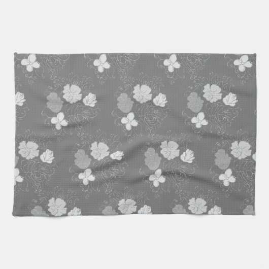 Modern Grey and White Floral Pattern Theedoek (Horizontaal)
