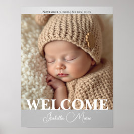  Modern Grey and White Photo Birth Announcement Poster