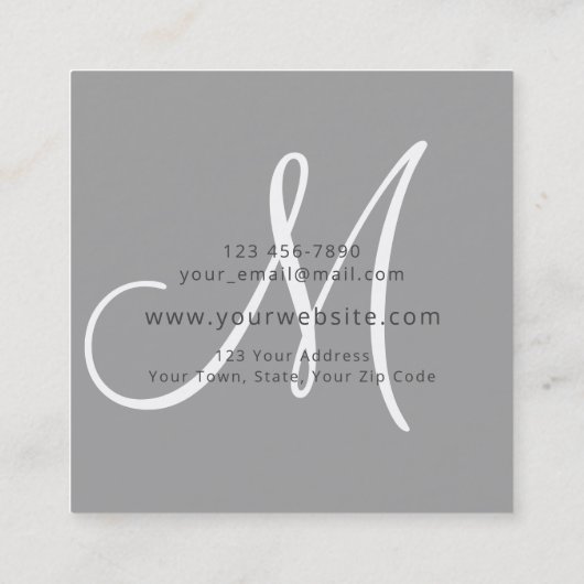 Modern Grey Elegant Script Signature Monogram Logo Vierkante Visitekaartje (Achterkant)