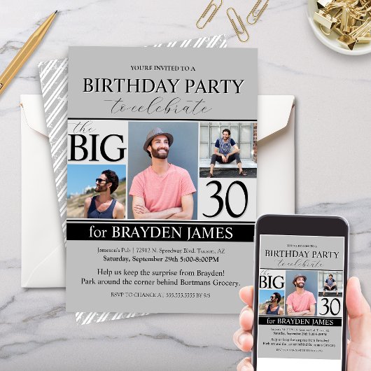 Modern Grey Photo Collage 30th Birthday Invitation