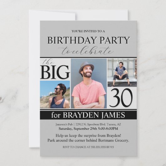 Modern Grey Photo Collage 30th Birthday Invitation (Devant)