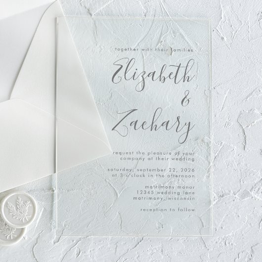 Modern Grey Script Wedding Invitation Acryl Uitnodigingen