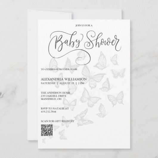 Modern Grey Vlinders Baby shower QR Code Kaart (Voorkant)