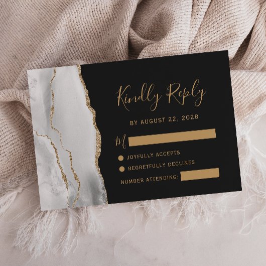 Modern Grey White Agate Dark Wedding RSVP Kaartje