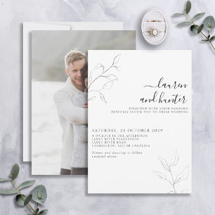 Modern Grey White Script Botanical Photo Wedding Kaart