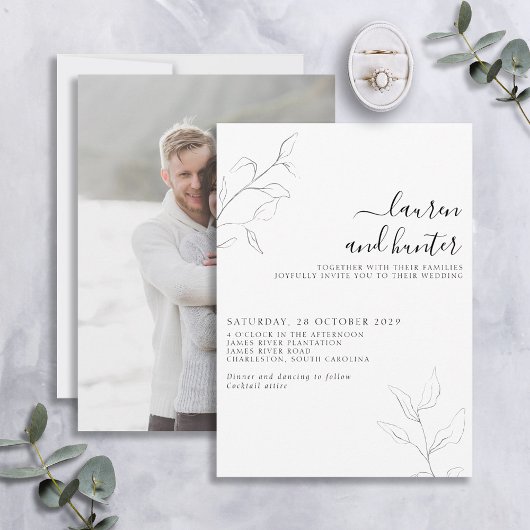 Modern Grey White Script Botanical Photo Wedding Kaart