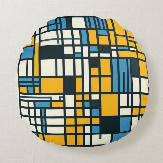 Modern Grid Abstraction – Mondriaan geïnspireerde  Rond Kussen (Voorkant)