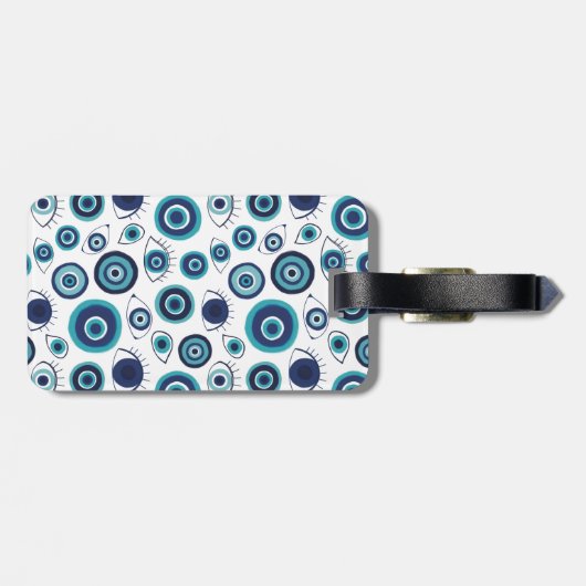 Modern Grieks Kwaad Oog Blauw Wit Monogram Bagagelabel (Achterkant horizontaal)