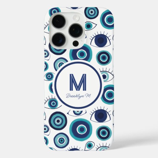 Modern Grieks Kwaad Oog Blauw Wit Monogram Case-Mate iPhone Case (Achterkant)
