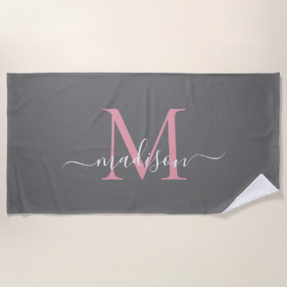 Modern Grijs Blush Roze Monogram Vrouwelijk Script Strandlaken