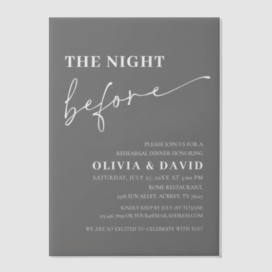 Modern grijs de avond voor het repetitiediner vellum uitnodigingen (Voorkant)