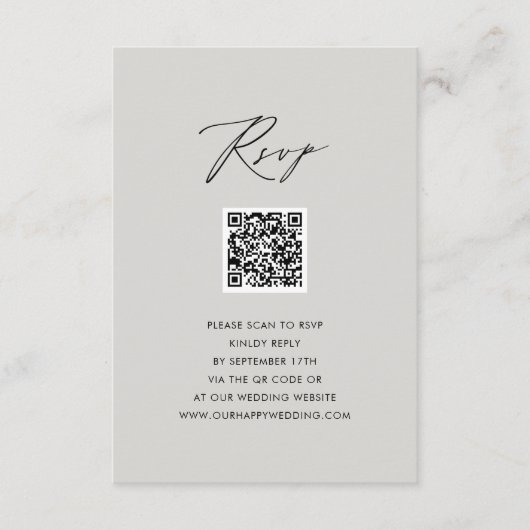 Modern Grijs Elegant Script Eenvoudig QR Bruiloft Informatiekaartje (Voorkant)