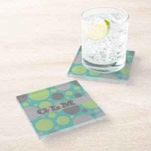 Modern grijs en groene bubbels monogram glazen onderzetter