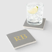 Modern Grijs Goud Kleur Monogram Initialen Stenen Onderzetter (Zijkant)