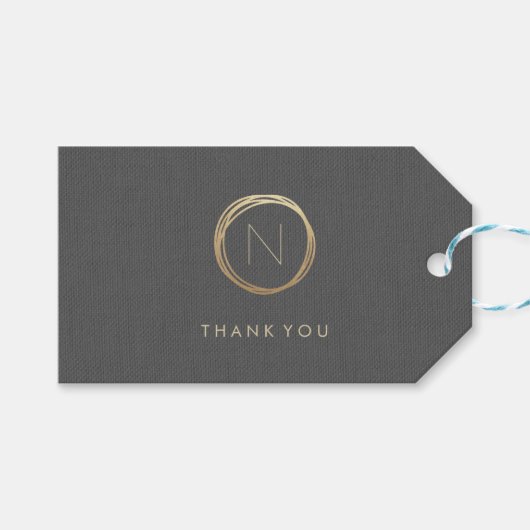 Modern grijs linnen elegant goud monogram dank u cadeaulabel (Voorkant (Horizontaal))