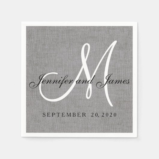 Modern grijs linnen monogram trouwpapier servetten (Voorkant)