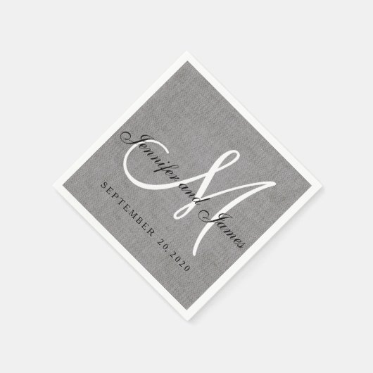 Modern grijs linnen monogram trouwpapier servetten (Hoek)