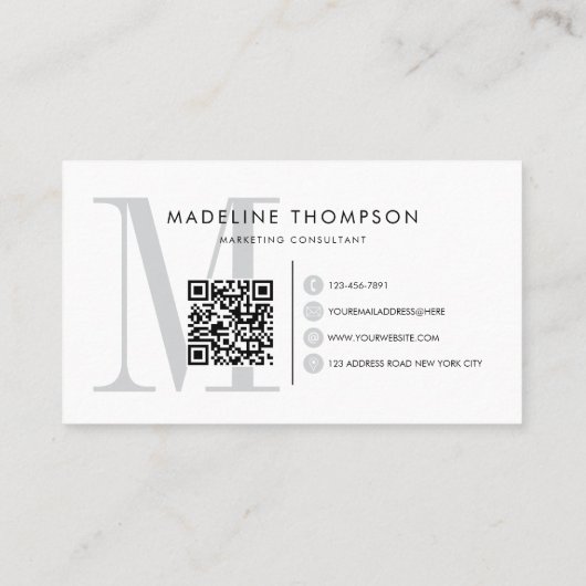 Modern grijs monogram QR-code Visitekaartje (Achterkant)