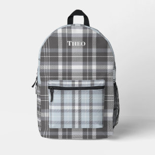 Modern grijs neutraal plaid met naam bedrukte rugzak