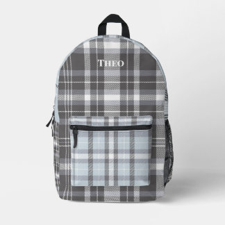 Modern grijs neutraal plaid met naam bedrukte rugzak