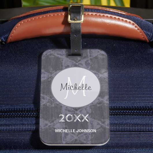 Modern grijs roze cirkels geometrisch monogram bagagelabel (Voorkant Insitu 2)