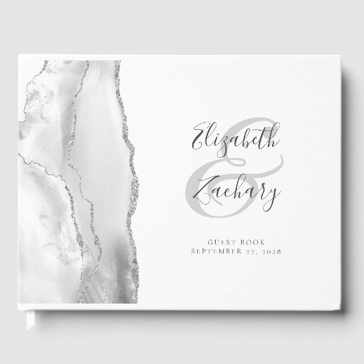 Modern grijs wit agaat zilver script gastenboek (Voorkant)