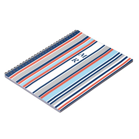 Modern Grijs Wit Blauw Rood Strepen Monogram Notitieboek (Linkerzijde)