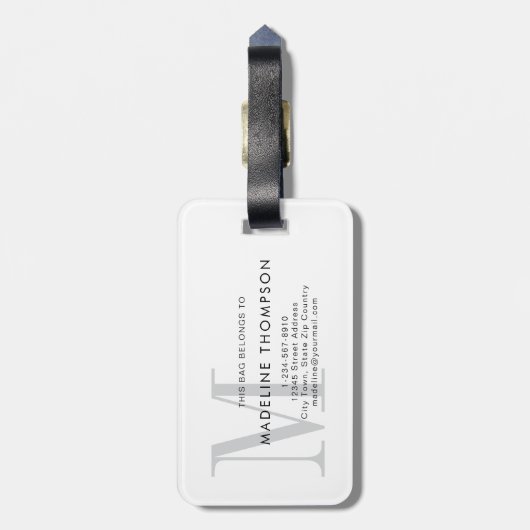 Modern grijs-wit monogram bagagelabel (Achterkant verticaal)