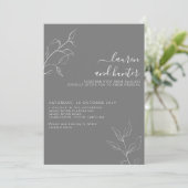 Modern grijs wit script botanische bruiloft kaart (Staand voorkant)