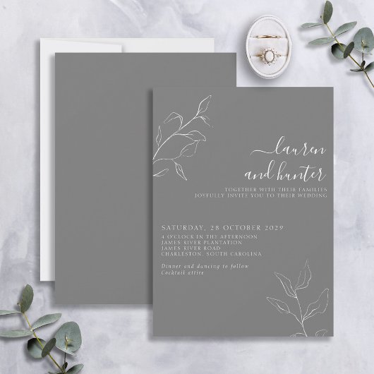 Modern grijs wit script botanische bruiloft kaart