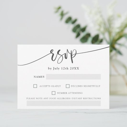 Modern grijs wit vet script elegante rsvp bruiloft (Staand voorkant)