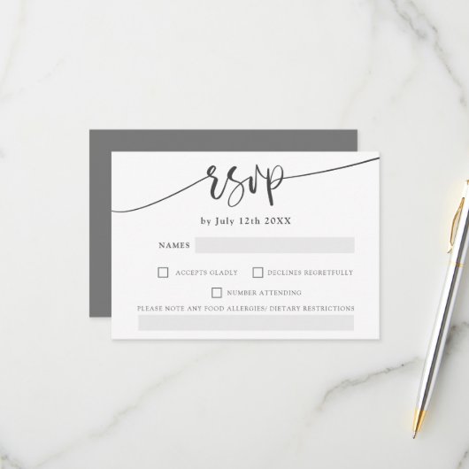 Modern grijs wit vet script elegante rsvp bruiloft (Voorkant / Achterkant in situ)