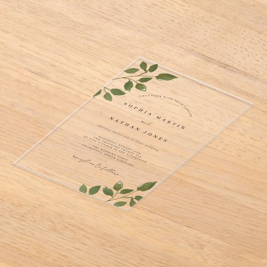 Modern groen blad duidelijk minimalistische bruilo acryl uitnodigingen (Laagn)