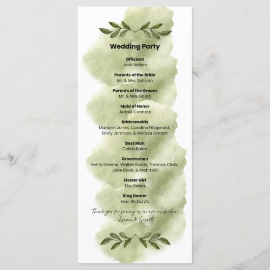 Modern groen blad minimalistisch trouwprogramma programma (Achterkant)