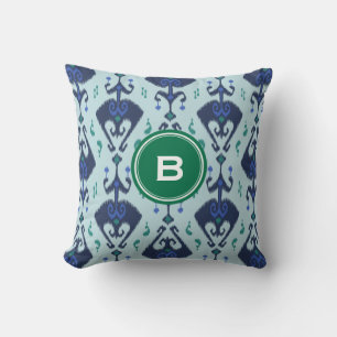 Modern groen blauw ikat stam patroon monogram kussen