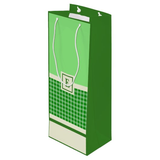 Modern groen check monogram wijn cadeautas (Achterkant Gekanteld)