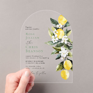 Modern groen citroen bloemenbruiloft acryl uitnodigingen