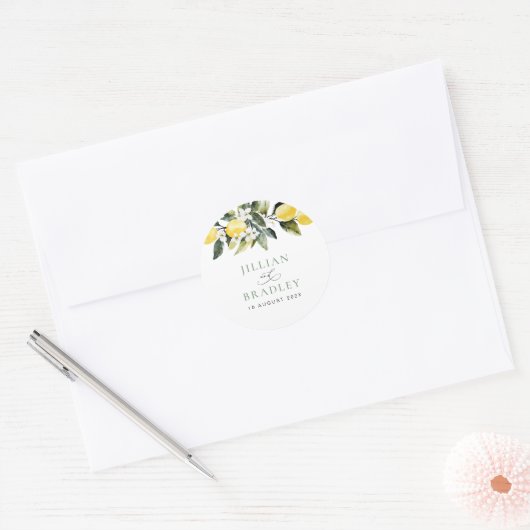 Modern groen citroen bloemenbruiloft ronde sticker (Envelop)