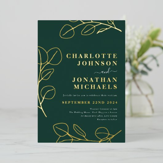 Modern groen eenvoudig groen goud folie uitnodiging (Staand Voorkant)