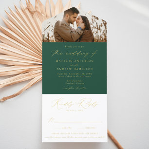 Modern groen en goud folie script foto bruiloft all in one uitnodiging