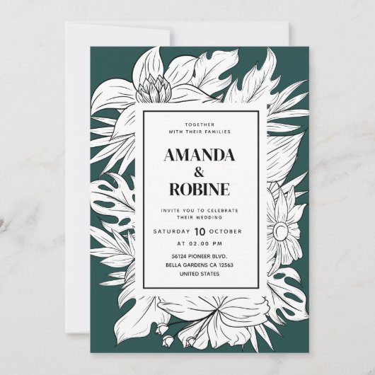 Modern groen en wit tropische bloemen bruiloft kaart (Voorkant)