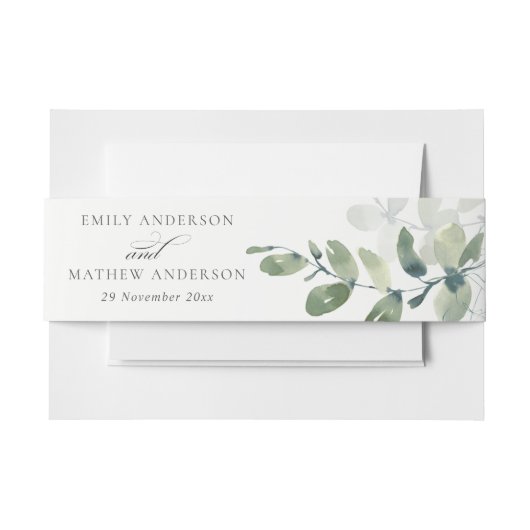MODERN GROEN EUCALYPTUS FOLIAGE WATERVERF WEDDING UITNODIGINGEN WIKKEL (Voorkant Voorbeeld)