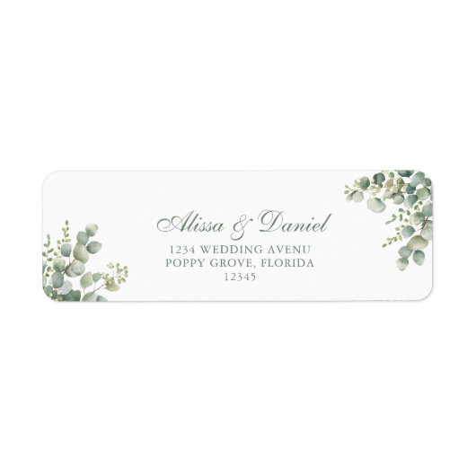 Modern groen eucalyptus trouwadres etiket (Voorkant)