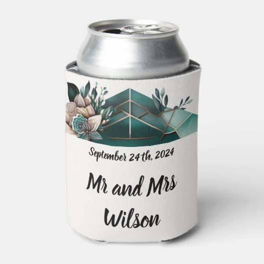 Modern groen geometrisch ontwerp roze bloem blikjeskoeler (Blikje Voorkant)