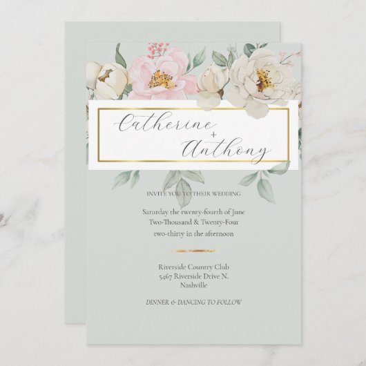 Modern Groen Goud Bloemen Bruiloft Kaart (Voorkant / Achterkant)