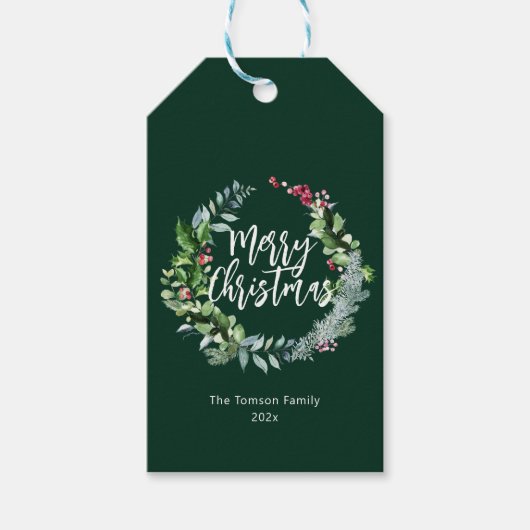 Modern groen krans vakantie script kerst cadeaulabel (Voorkant)