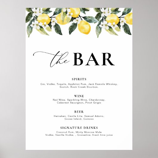 Modern groen Lemon Floral Bar Menu Poster (Voorkant)