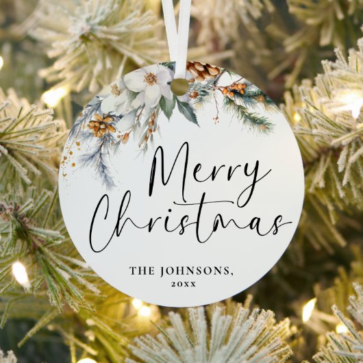 Modern groen Vrolijk kerstfeest Familiefoto Metalen Ornament (Insitu)