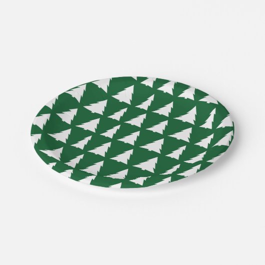 Modern groen wit boom patroon vakantie feest papieren bordje (Gekanteld)