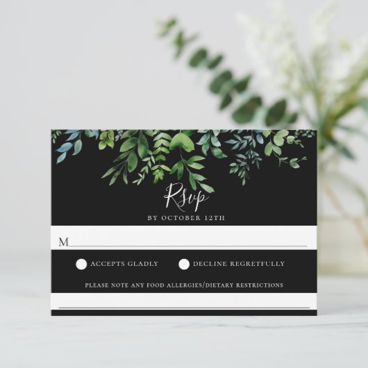 Modern groen zwart bruiloft voedsel allergie RSVP (Staand voorkant)